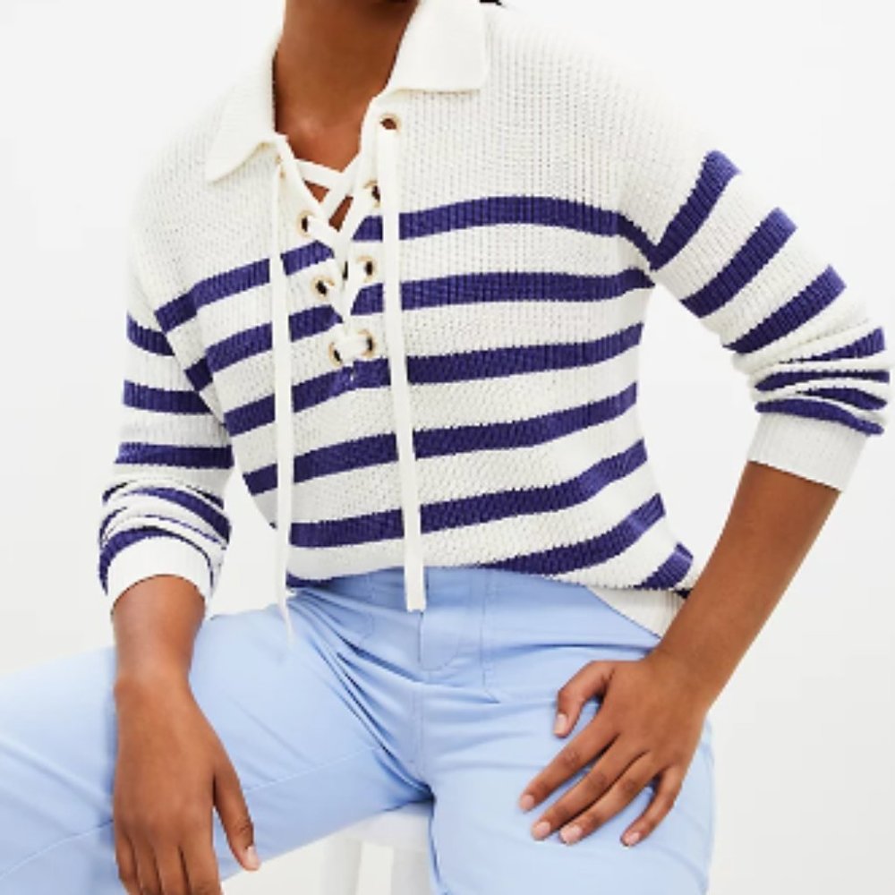 NWT LOFT Striped Lace Up Polo Sweater - Picture 2 of 6